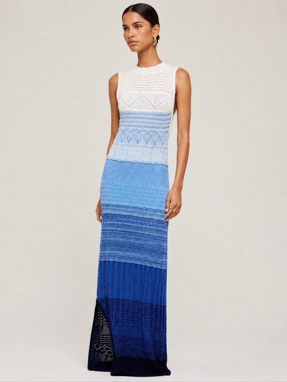 NWT Torn by Ronny Kobo Crochet Maxi Dress Size L Blue Ombre Knit